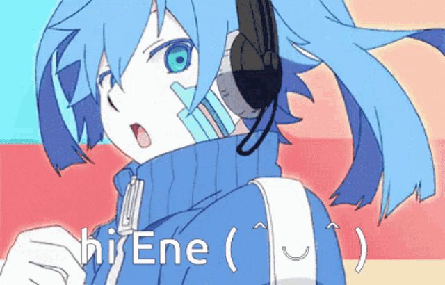 a blue haired anime girl wearing headphones has the word hisene written below her