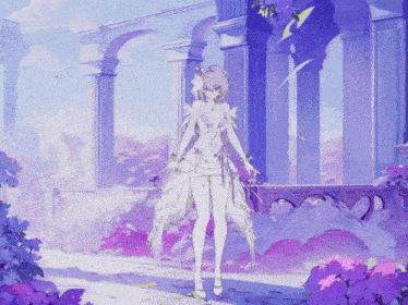a girl in a white dress is standing in front of purple pillars