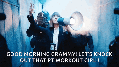 a woman holding a megaphone with the words good morning grammy let 's knock out that pt workout girl written below her