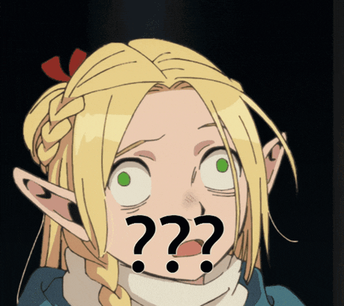 a girl with blonde hair and green eyes has a question mark on her face