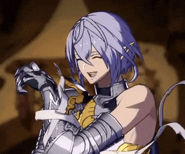 a drawing of a girl with purple hair and silver gloves