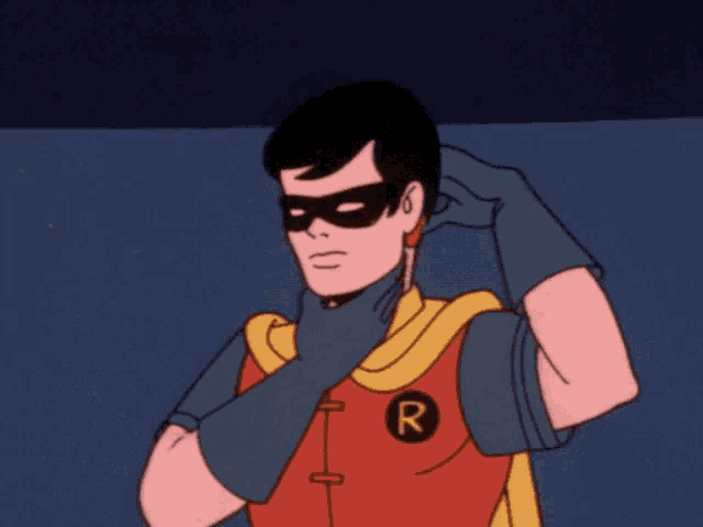 a cartoon of robin adjusting his gloves with the letter r on his chest