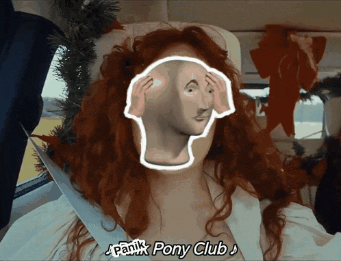a woman with red hair is sitting in a car with the words panik pony club on the bottom