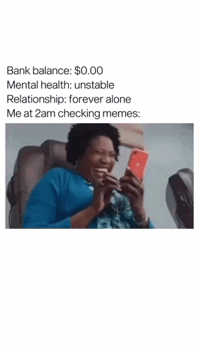 a woman is laughing while looking at her phone with a caption about bank balance