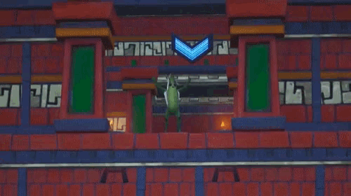 a frog is standing in front of a blue arrow