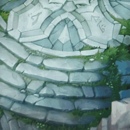 a painting of a stone sculpture with the letters a and e on it