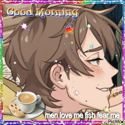 a picture of a man with the words good morning men love me fish fear me written on it