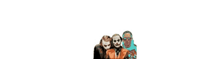 three people wearing masks are standing next to each other on a white background