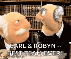 two muppets are talking to each other in front of a bookshelf and saying carl and robyn - best team ever !