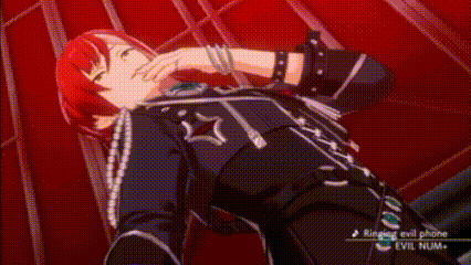 a red haired anime girl is laying down with her eyes closed and the words evil phone evil num + on the bottom