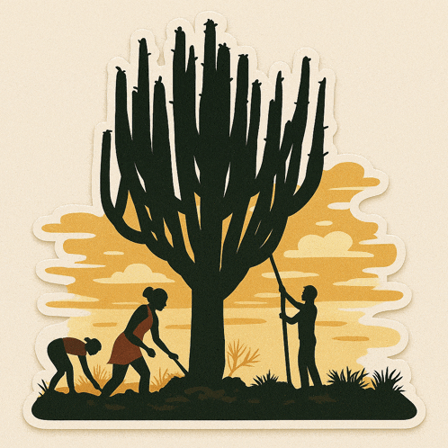 a sticker of a man and two women planting a tree in the desert