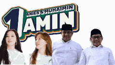 a group of people standing in front of a sign that says ' amin '