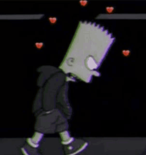 bart simpson is wearing a black hoodie and shorts and walking down the street .