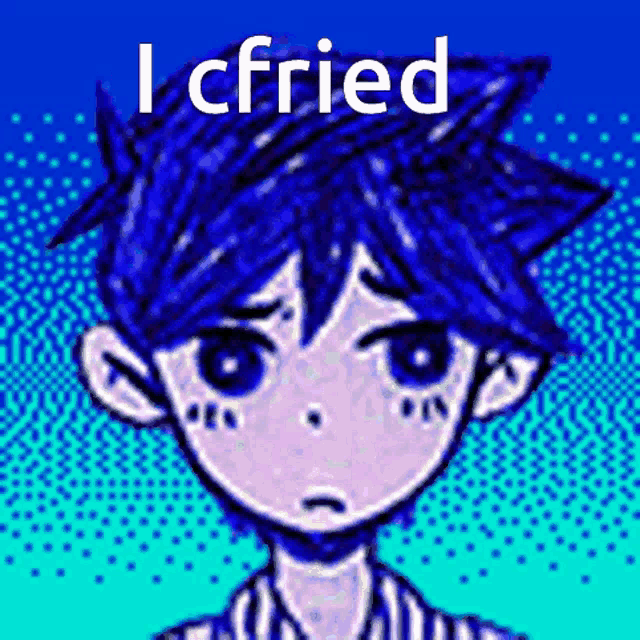 a pixel art drawing of a boy with blue hair and the words i cfried