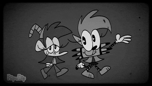a black and white drawing of two cartoon characters with flipa clip written below them