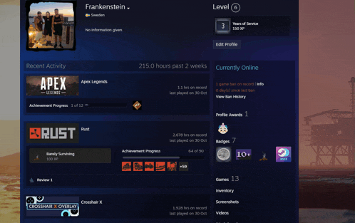 a screenshot of a game called apex legends shows a profile for frankenstein