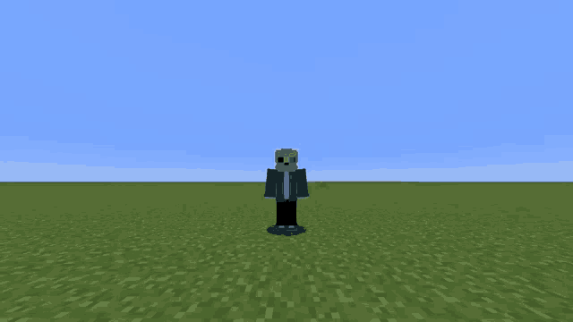 a person in a blue shirt and black pants is standing in a field with creepers in the background