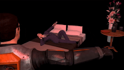 a computer generated image of a man laying on a bed in a dark room