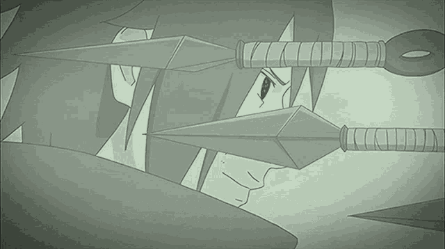 a black and white drawing of a person holding a pair of knives in front of their face
