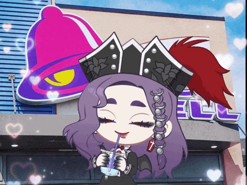 a girl with purple hair is drinking from a straw in front of a taco bell restaurant