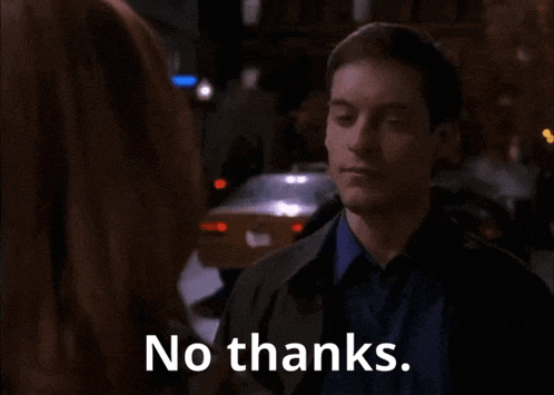 a man talking to a woman with the words " no thanks " on the bottom