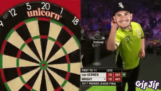 a man is standing in front of a dart board which says unicorn on it