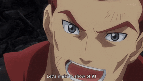 a close up of a man 's face with the words let 's make a show of it behind him