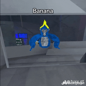 a blue gorilla with a banana on its head and the word banana underneath it