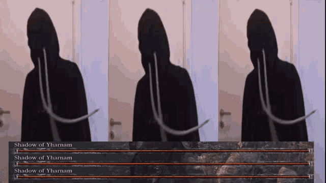 shadow of yharanam is written on the screen behind the silhouettes