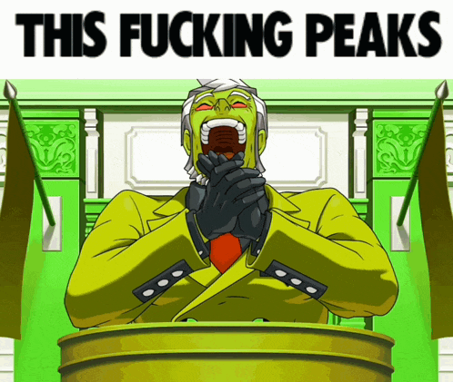 a cartoon of a man with his mouth open and the words this fucking peaks behind him