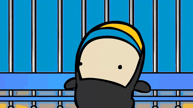 a cartoon character with a yellow headband is standing in front of a blue wall
