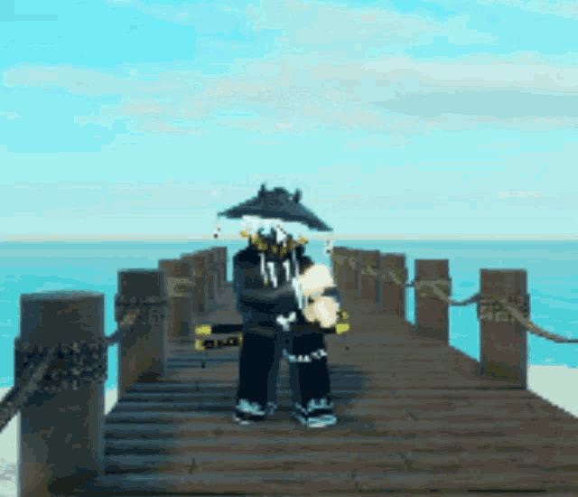 a cartoon character is standing on a wooden dock