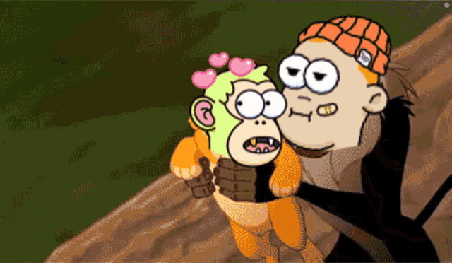 a pixelated cartoon of a man kissing a monkey on the cheek