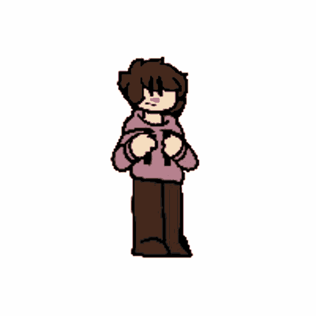 a pixel art of a person wearing a pink hoodie and black pants