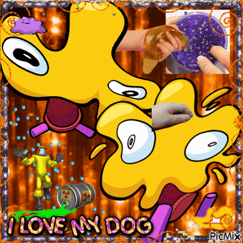 a picture of a cartoon character with the words i love my dog