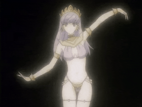 a drawing of a woman in a bikini and a crown dancing .