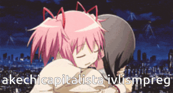 a picture of a girl hugging another girl with the words akechicapitalisma iviismpreg written on the bottom