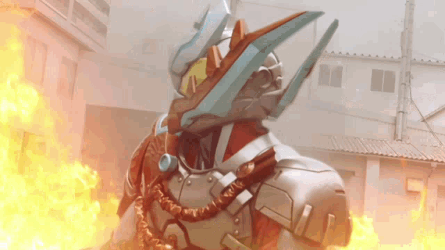 a robot is surrounded by flames and buildings