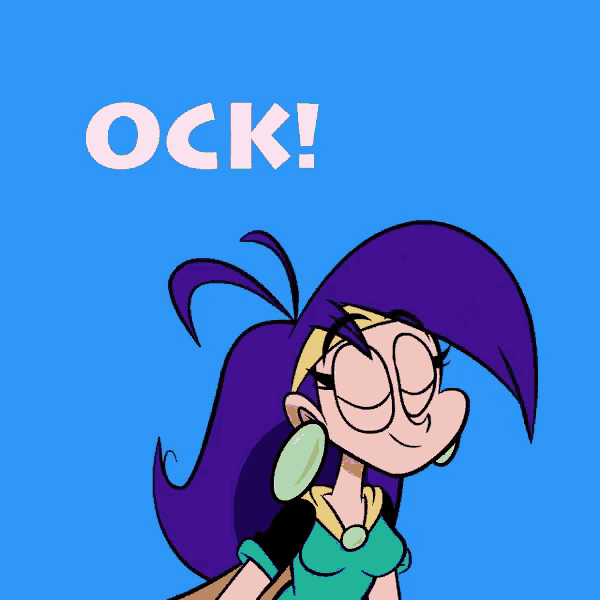 a cartoon character with purple hair is upside down and the word ock is on the bottom
