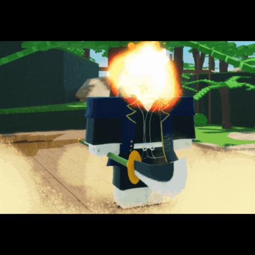 a cartoon character with a sword and a fire head