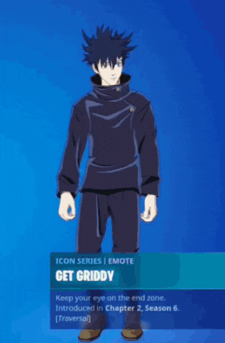 a character from a video game called get griddy is standing in front of a blue background .