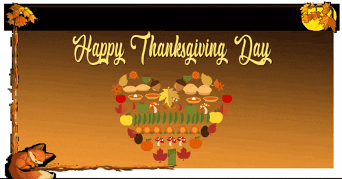 a sign that says happy thanksgiving day with a heart made out of fruits and vegetables