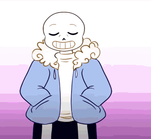 a cartoon drawing of a skeleton wearing a blue jacket with a fur collar