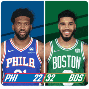 a philadelphia basketball player and a boston basketball player are standing next to each other