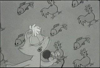 a drawing of a cat singing into a microphone with fish and chickens in the background
