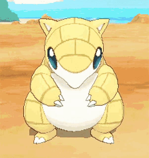 a pixel art of a yellow and white turtle on the beach