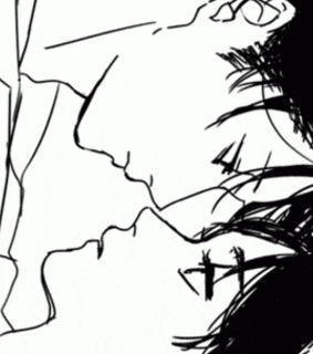 a black and white drawing of a person laying down with their head on another person 's chest .