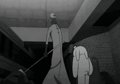 a black and white cartoon of a man and a dog standing next to each other