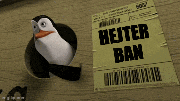 a penguin is standing next to a sticker that says heiter ban
