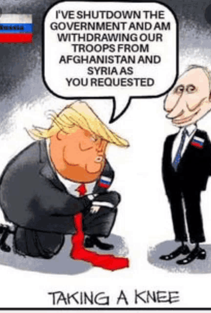 a cartoon of donald trump kneeling down next to a man in a suit and tie .